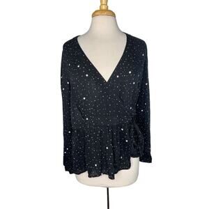 GAP Black Celestial Rayon Long Sleeve Wrap Top Size Medium Womens Stars Dot
